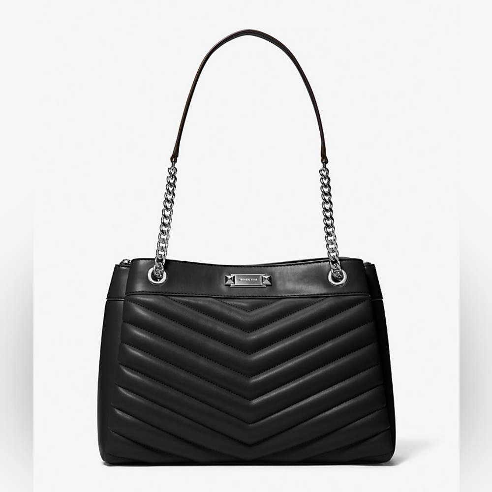 Michael Kors Black Chevron Puff Quilted Shoulder Tote Bag, Purse, Silver Accents